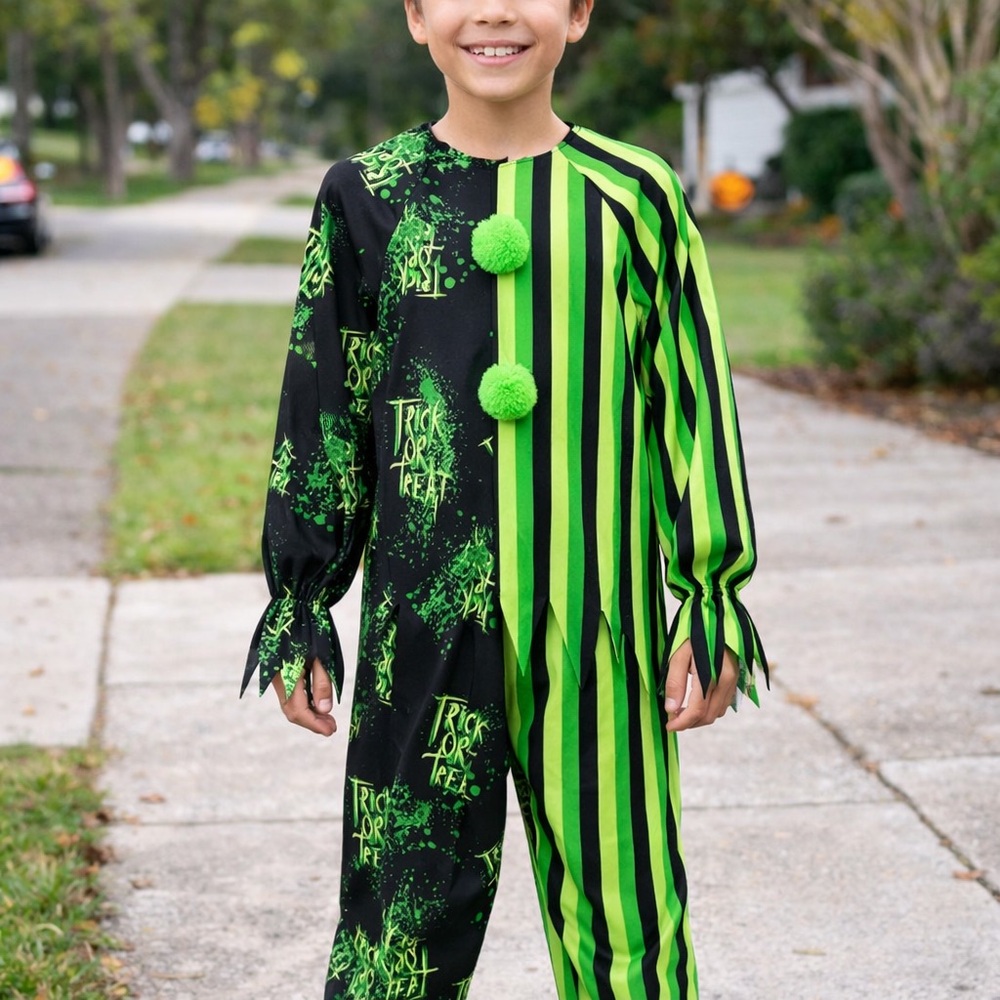 Spirit Halloween Chaos Clown Costume Kids M 8-10 Green Black